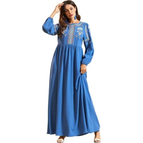 Black Green and Blue Muslim Fashion Plus Size Womens Embroidered Long-sleeved Pleated Bohemian Dress