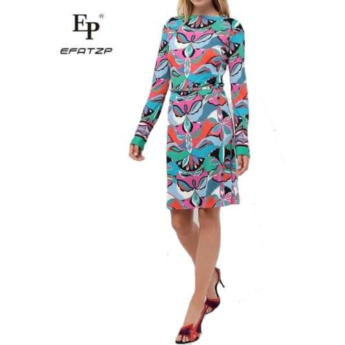 New Fashion 2019 Spring Designer Dress Womens 3/4 Sleeves flowers Print XXL Stretch Jersey Slim Silk Day Dress