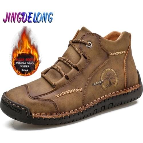 Winter Mens Boots Warm Fur Genuine Leather Mens Snow Boots Plush Waterproof Handmade Autumn Outdoor Mens Motorcycle Boots