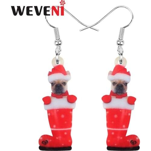 WEVENI Acrylic Christmas Sock Hat Pug Dog Earrings Drop Dangle Animal Jewelry Accessory For Women Girl Teens Festival Party Gift