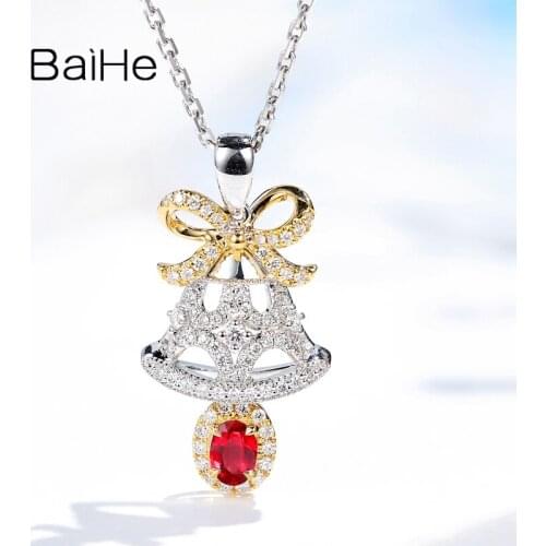 BAIHE Solid 18K White+Yellow Gold Cute Bells Ruby Diamond Pendant Real Diamond Women Give Gifts Fine Jewelry Christmas Present