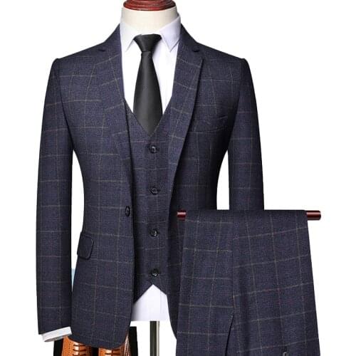 Blazer + Vest + Pants ) High-end Brand Fashion Plaid Mens Formal Business Suit 3pec Groom Wedding Dress Tuxedo Casual Suit