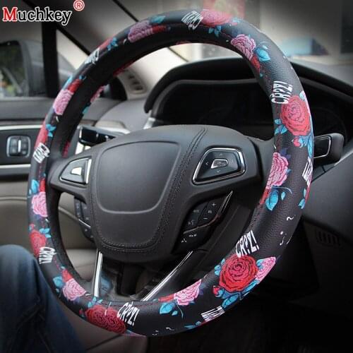 MUCHKEY Brand Microfiber Leather Steering Wheel Cover With Fashionable Flower Universal Fit 38cm/15in Car Wheel Protector