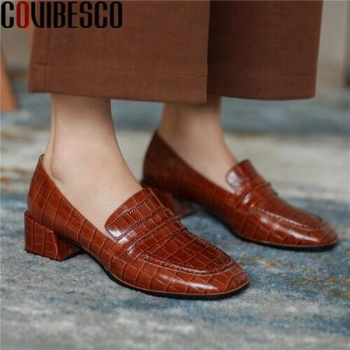 COVIBESCO Elegant Shallow Genuine Leather Shoes Women Square Toe Thick Heels Pumps 2021 Autumm Newest Party Prom Shoes Woman