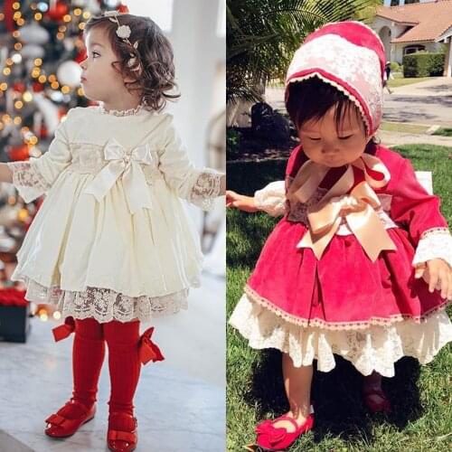 Kids Baby Girls Xmas Dress Flared Sleeve Lace Bowknot Princess Dress Child Girl Velvet Party Dress Christmas Ball Gown 1-6Y