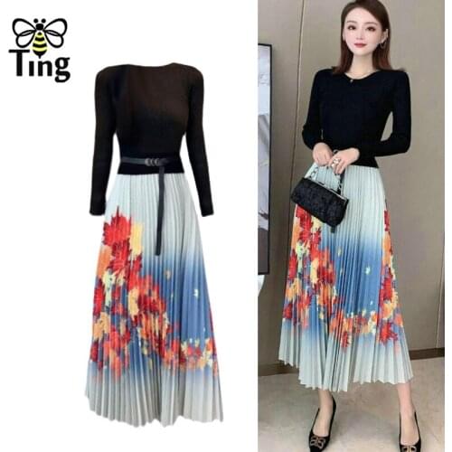 Tingfly Vintage Elegant Maple Leaf Print Pleated Midi Long Dress Knit Women Fashion A Line Vestidos Large Size Robes Zaful New
