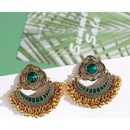 Elegant Vintage Womens Green Crystal Beads Earrings Bijoux Summer Gypsy Bollywood Bohemia Gold Alloy Wedding Earrings Hangers