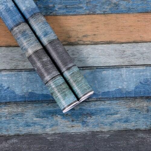 Retro Wood Grain Self-Adhesive Wallpaper For Bedroom Wardrobe Sticker Furniture Mediterranean Stripe Wooden Board Wall Stickers