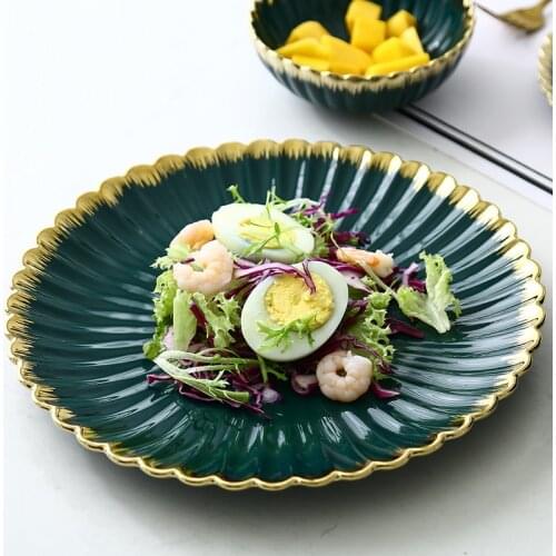 Ceramic plate dark green shell gold pattern dish set Restaurant hotel service trayKitchen storage suppliesceramic bowl