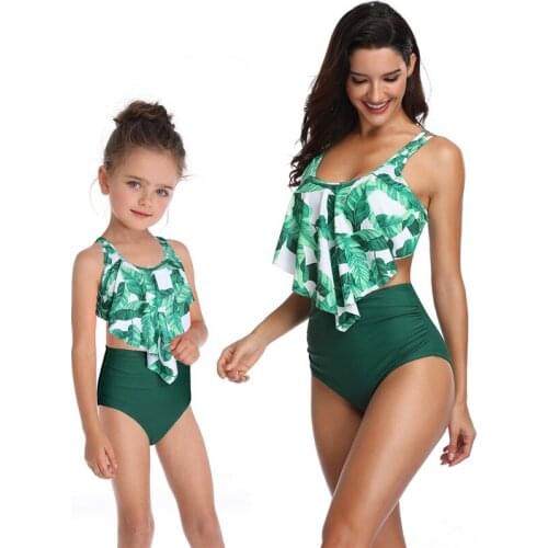 Mommy and me bikini mother daughter swimsuits family matching swimwear mum kids sexy bikini ruffles palm leaves swimsuit sister