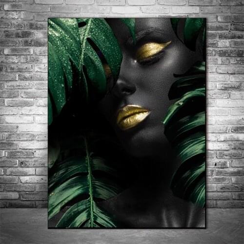 Full drill square Paintings Modern art, african black woman, green leaves Diamond Embroidery Full round 5d Diy artwork