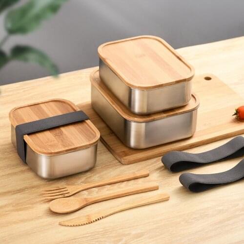 Stainless Steel Bento Steamed Lunch Box with Wooden Lid Large Capacity Picnic Office Single Layer Food Storage Container