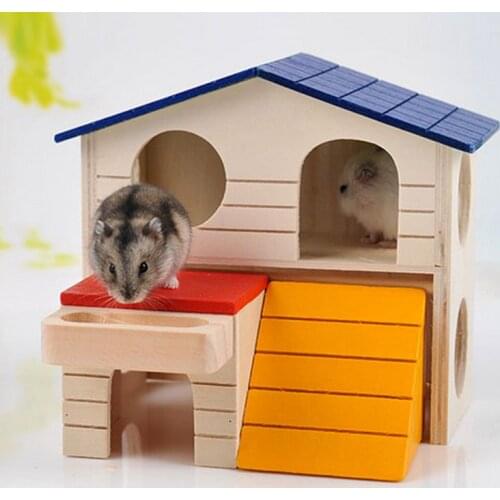 Pet Small Animal Hideout Hamster House Deluxe Two Layers Wooden Hut Play Toys E2S