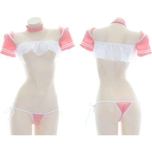 Sweet Lolita Vest Crop Top Summer Sleeveless Sailor Collar Neck Tanks Side Tie Underwear Lingerie Anime Cosplay School Bikini