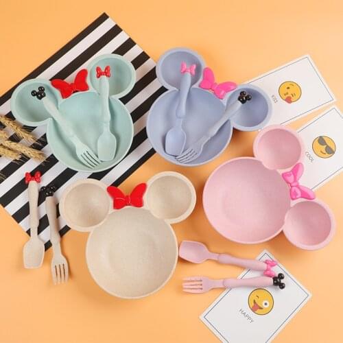 3pcs Wheat Straw Baby Cartoon Tableware Set Childrens Dishes Kids Dinner Platos Baby Feeding Plate Training Bowl Spoon Fork