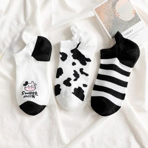 3 Pairs Black White Cow Stripes Spot Cotton Invisible Summer Boat No Show Socks Women Men Short Low Cut Slippers Silicone Socks