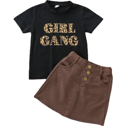 2021 New Kids Child Girls Clothes Set Short Sleeve Trendy Leopard Letter Print Tops Solid Skirt Suit 1-6Y