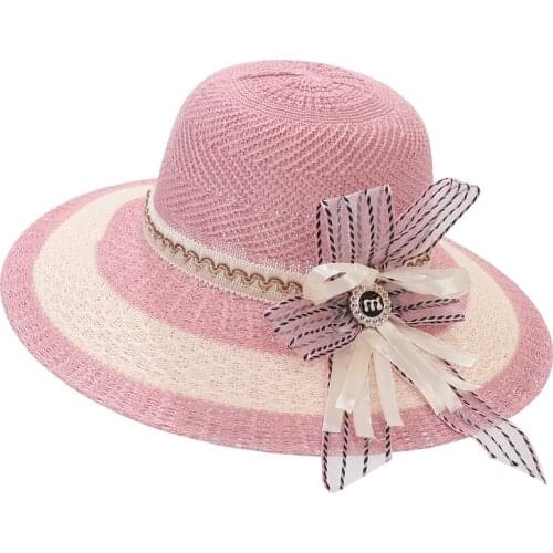 New Summer Ladies Knitted Bucket Hats Breathable and Cool Fisherman Hat Outdoor Sunscreen Bowknot Big Brim Beach Hat