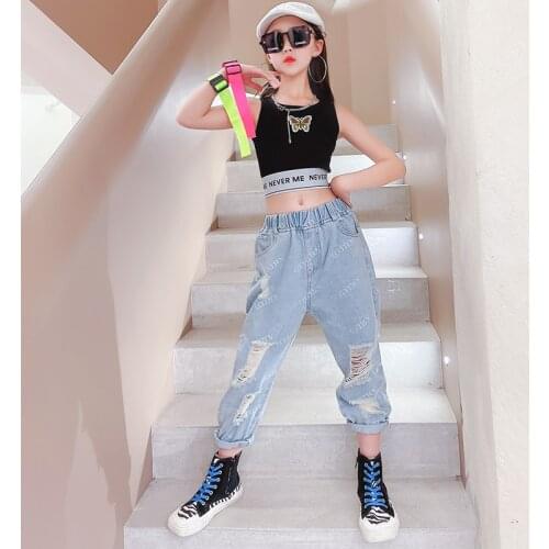 New Arrival Baby Girls Short Sweatshirt Vest Tops Matching Print Letters Ripped Holes Jeans Sets Summer Cozy 3-14y Kids Outfits