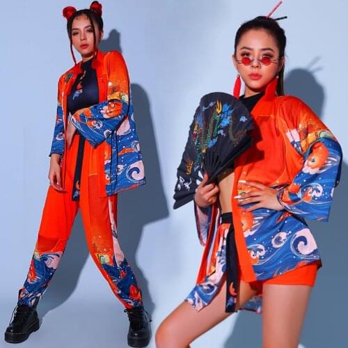 New Bar Women Dj Ds Costumes Chinese Style Hip Hop Clothes Jazz Performance Red Stage Outfit Gogos Dance Loose Rave Wear BL5408