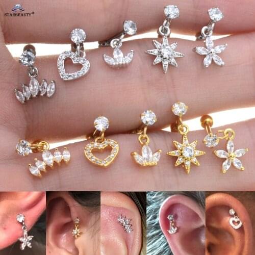 Starose 1pc Crystal Heart Earring Tragus Piercing Oreja Barbell Helix Piercing Cartilage Earrings Gold Color Dangle Ear Jewelry
