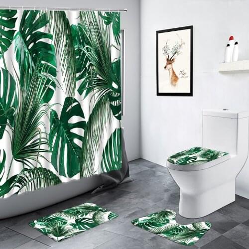 Tropical Plant Monstera Shower Curtain Green Palm Leaves Simple Home Decor Bathroom Carpet Non-slip Door Rug Toilet Bath Mat Set