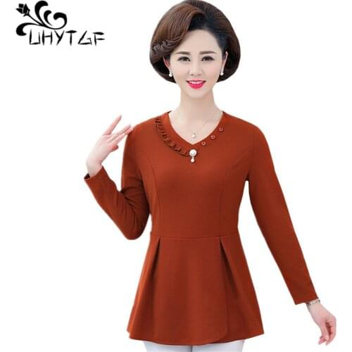 UHYTGF Long-sleeved T-shirt women fashion V-neck pullover loose spring autumn top female elegant short 5XL plus size tshirt 1008