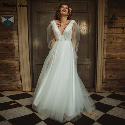 Magic Awn Simple Boho Wedding Dresses Deep V-Neck Long Sleeves Country Plus Size Bridal Gowns Open Back A-Line Robes De Mariee