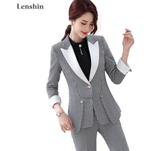 Lenshin High-quality Women Suits Two Pieces Suit Set Houndstooth Plaid Pant Suit Fashion Office Lady Blazer and Flare Trouser