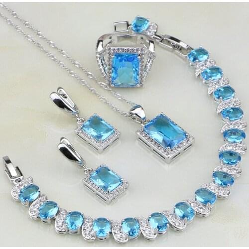 925 Sterling Silver Jewelry Sky Blue CZ White Rhinestone Costume Jewelry Sets For Women Earring/Pendant/Necklace/Bracelet/Ring