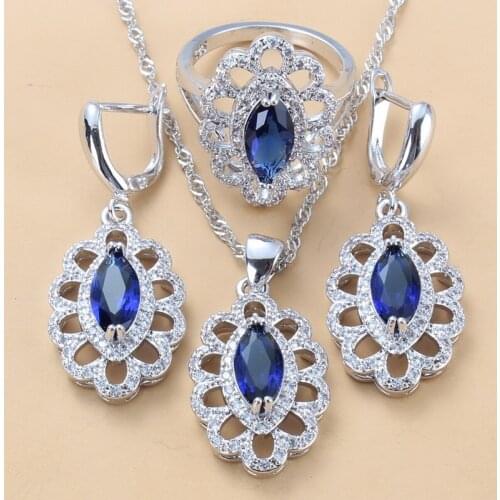 Perfect Bridal Costume Jewelry Sets With Natural Stone CZ Blue Dangle Earrings Necklace And Ring Wedding Party Sets