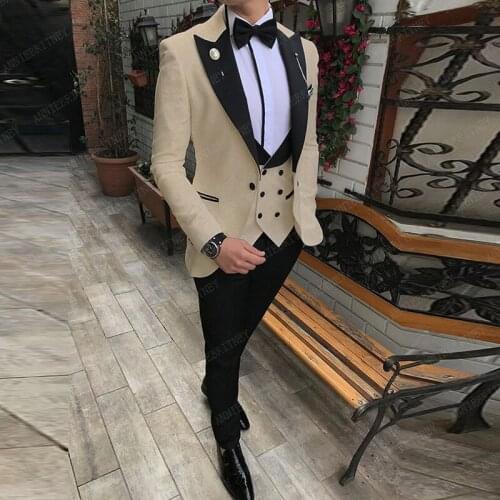 2020 Beige Jacquard Mens Suits 3 Pieces Slim Fit Business Suits for Men Groom Wedding Suits Tuxedo Custom Jacket Vest Pants Set