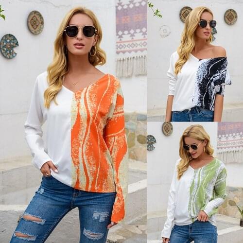2021 fashion European and American new hot product hit color printing stitching V-neck casual T-shirt long-sleeved top women