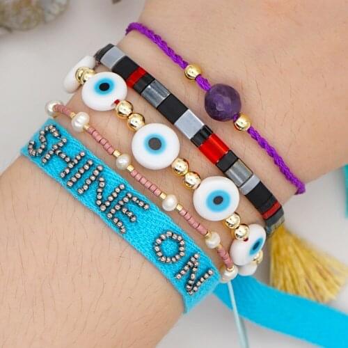 Summer Beach Wind Big Eye Women Bracelets Accessories Rainbow Letter Tila Rice Bead Bracelet Female Handmade Jewelry