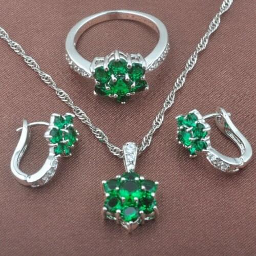 Spakling Green Zircon Womens Silver Color Jewelry Sets Necklace Pendant Earrings Ring TZ0503