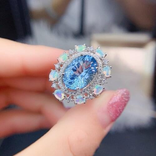 Classic 925 Sterling Silver Oval Cut Natural Blue Topaz Opal Gemstone Wedding Party Hyperbole Ring For Women Fine Jewelry Gift