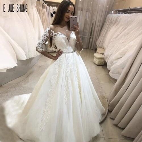E JUE SHUNG White Lace Appliques Luxury Wedding Dresses Lace Up Back Crystal Sashes Wedding Gowns Vestios De Novia