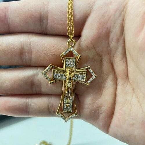 2021 Iced Out Bling Zircon Gold Cross Chain Necklace For Women Men Hip Hop Cool Accessory Fashion Jesus Christ Pendant Gift
