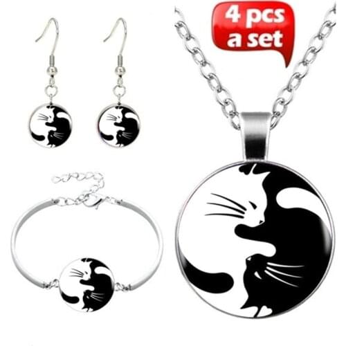 4Pcs/Set Yin Yang Cat Art Photo Cabochon Glass Jewelry Set Fashion Necklace Bracelet Earring Jewelry Sets for Women Gifts