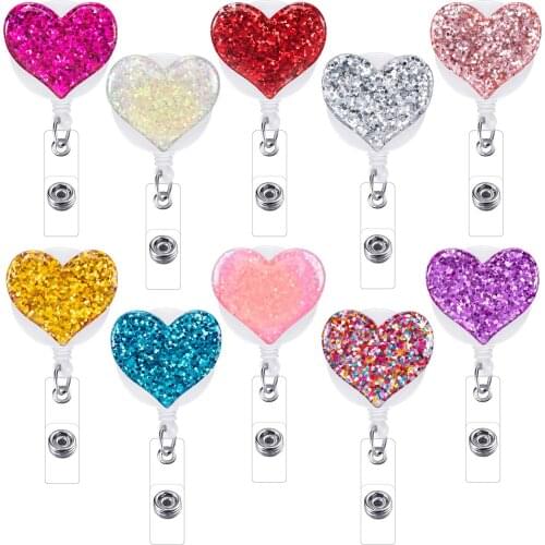 10 Pcs Bling Love Heart Retractable Badge Holder Badge Clips for Nurse ID Badge Reel with Alligator Clip