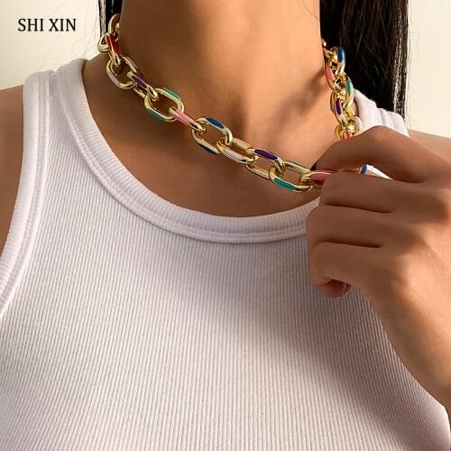SHIXIN Colorful Paint CCB Material Link Chain Necklace on Neck Boho Short Choker Necklaces for Women Fashion Neck Chains Jewelry