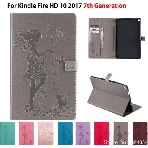 Case For Amazon Kindle Fire HD 10 2017 7th generation Tablet Cover Funda Girl Cat Embossed Flip Stand Coque Skin Shell Capa