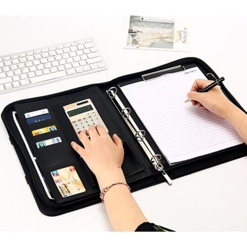 Business Portable A4 Binder Calculator File Folder PU Leather Card Holder Men Manager Advanced Document Bag Stationery Customize