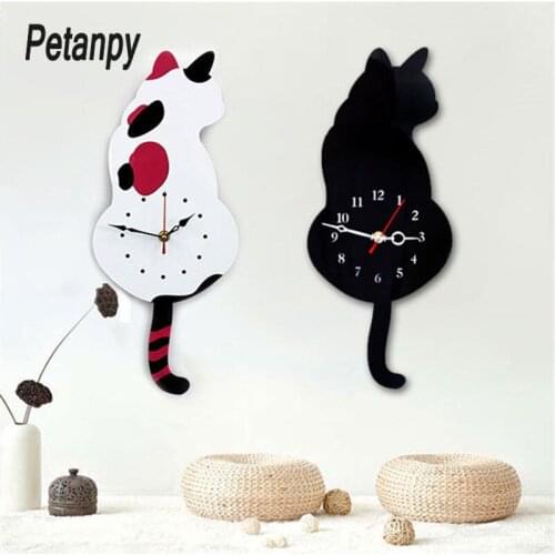 Creative Cute White/Black Wagging Tail Cat Wall Clock for Kids Bedroom Wall Decorative Wall Clocks Wagging Tail