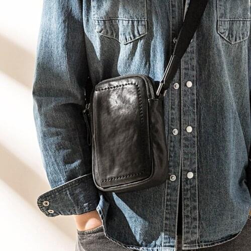 Genuine leather mini mens bag, first layer leather handmade messenger bag, mens trendy shoulder bag