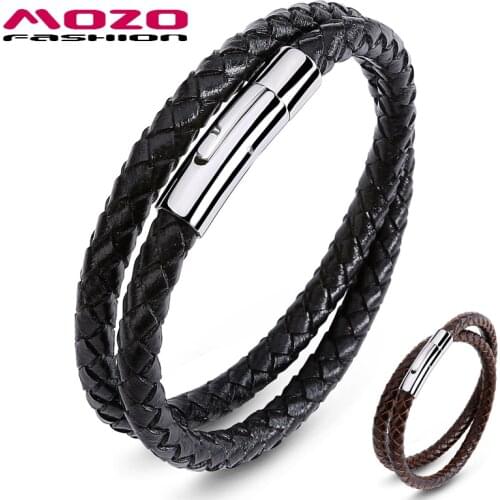 MOZO FASHION Brand Jewelry Men Black Brown Leather Rope Chain Stainless Steel Bracelet Man Vintage Hand Strap Gifts 623