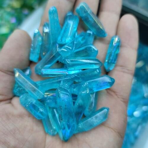 High Quality Blue Aura Titanium Quartz Crystal Wands Point Rough Reiki Healing Prism Cluster Spiritual Charms