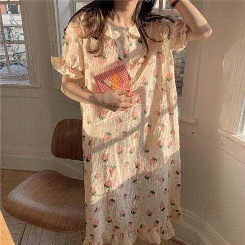Strawberry Print Sleepwear Women Cotton Short Sleeve Leisurewear Summer Nightgown Ruffles Loose Korean Soft Buttons Kawaii