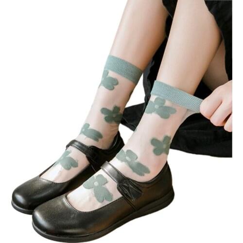 Korean Women Transparent Glass Fiber Crew Socks Sweet Macaron Candy Color Floral Jacquard Cotton Bottom Mid Tube Hosiery