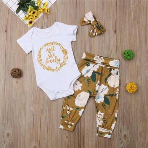 Newborn Kids Baby Girls clothes round neck short sleeve Bodysuit Floral print Pants Geometry Bow Headband 3pc Toddler Outfits